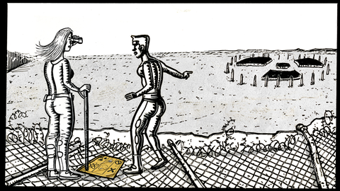 Peter Kuper depiction of two figures pointing at a nuclear waste site